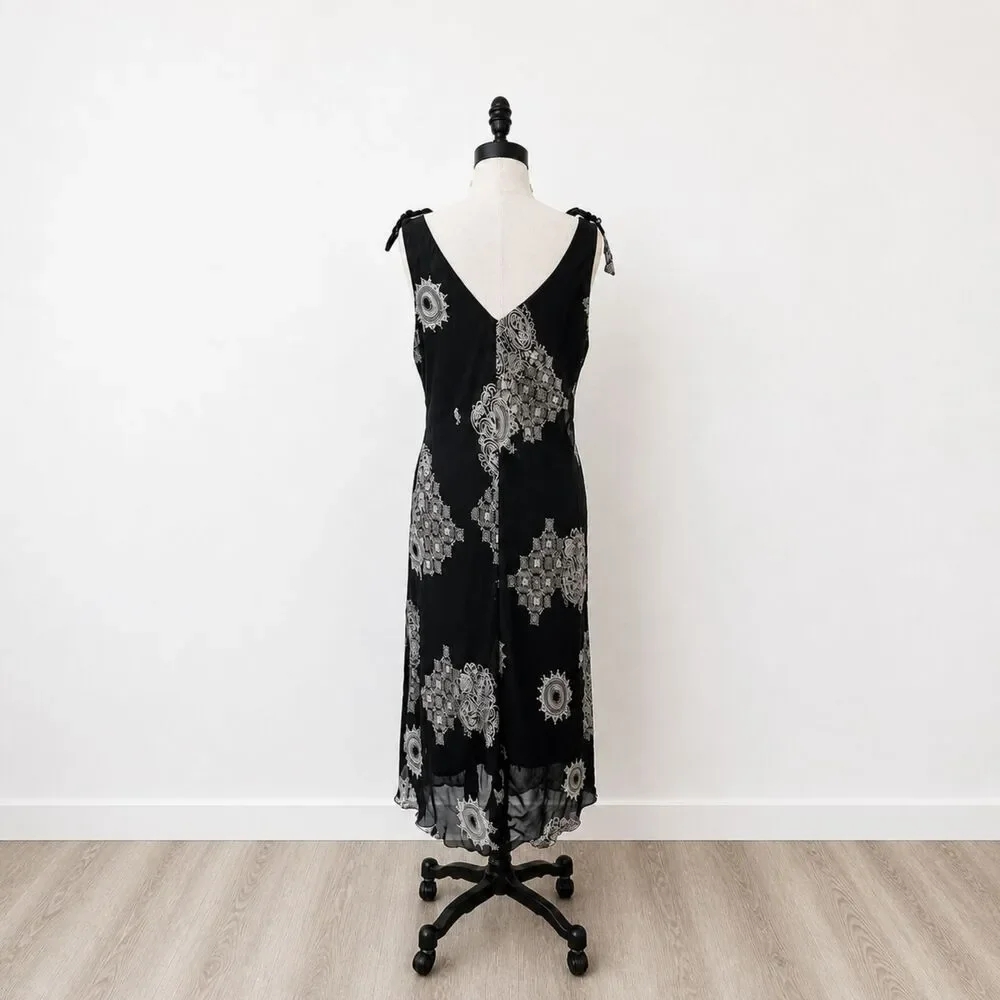 Y2K Sangria Black Mesh Overlay Midi Dress Paisley Sheer Tie Strap Slip 12 - Picture 2 of 8